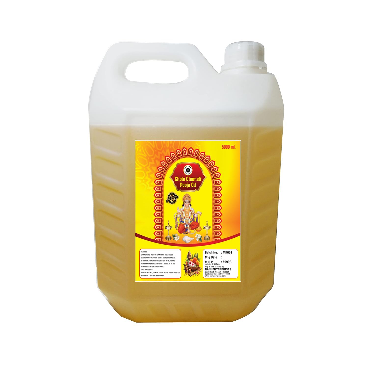 DevPusp Chola Chameli Pooja Oil - Jasmine Scent, 1000 ML for Hawan, Chola Poojan, Hanumanji, God Worship, Spiritual Healing, Diya Deepam, Hindu Religious Festival - 1000ML