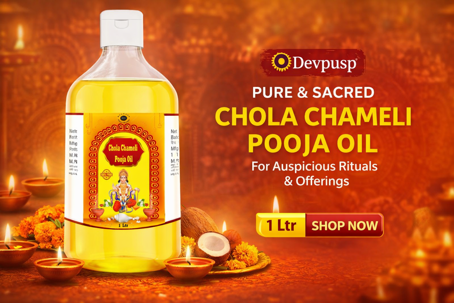 DevPusp Chola Chameli Pooja Oil - Jasmine Scent, 1000 ML for Hawan, Chola Poojan, Hanumanji,  1000ML