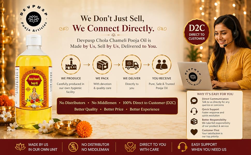 DevPusp Chola Chameli Pooja Oil - Jasmine Scent, 1000 ML for Hawan, Chola Poojan, Hanumanji, God Worship, Spiritual Healing, Diya Deepam, Hindu Religious Festival - 1000ML