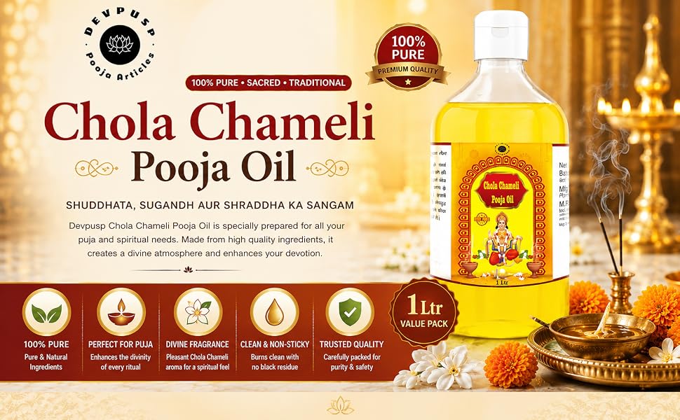 DevPusp Chola Chameli Pooja Oil - Jasmine Scent, 1000 ML for Hawan, Chola Poojan, Hanumanji, God Worship, Spiritual Healing, Diya Deepam, Hindu Religious Festival - 1000ML