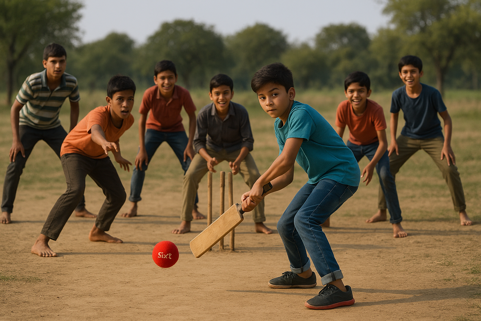 there should be similar type background where a group of boys playing cricket with Sixit ball